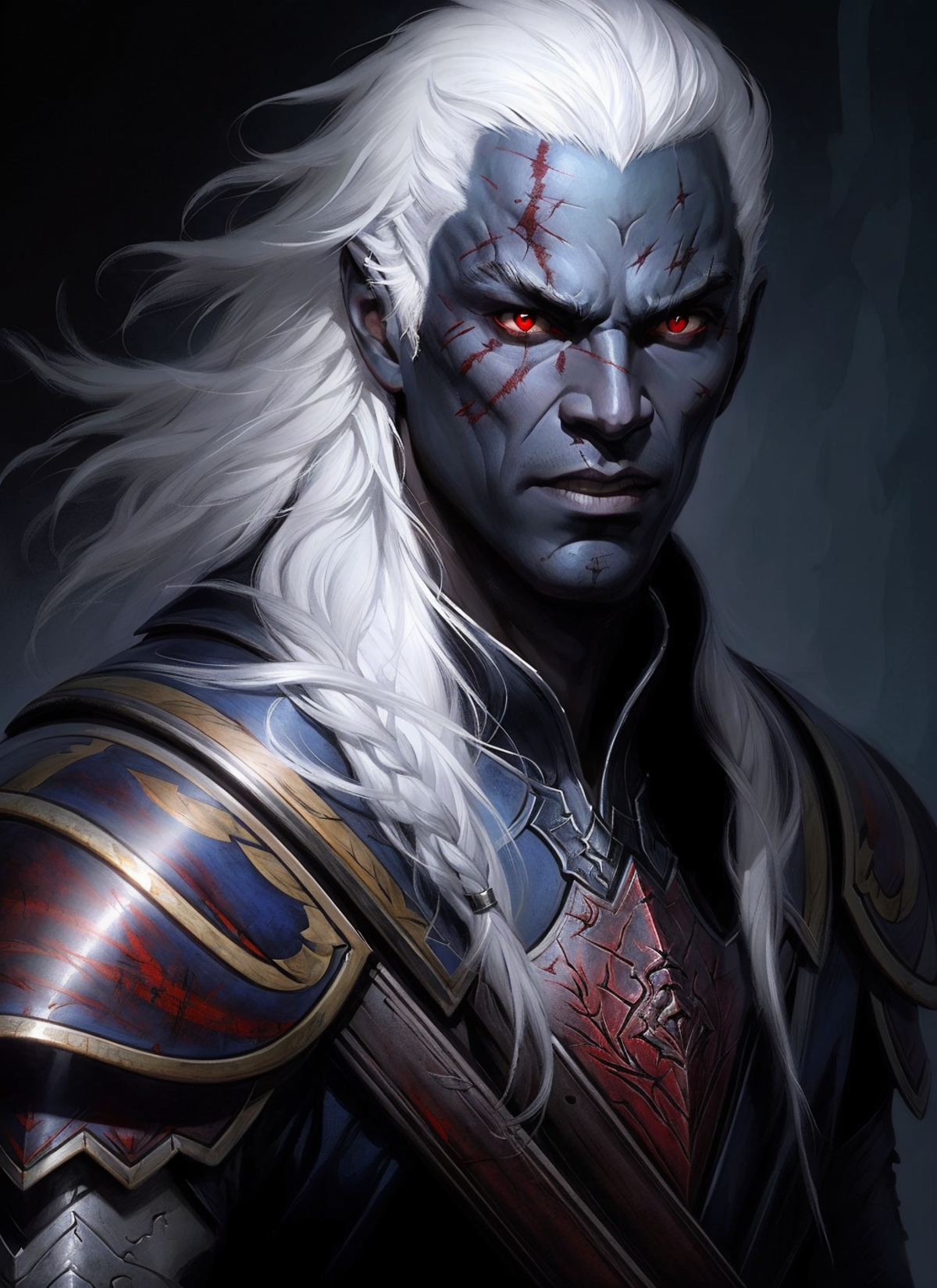 drow, male, solo, red eyes, male focus, armor, white hair, long hair, scar, looking at viewer, colored skin
, ((masterpiec...